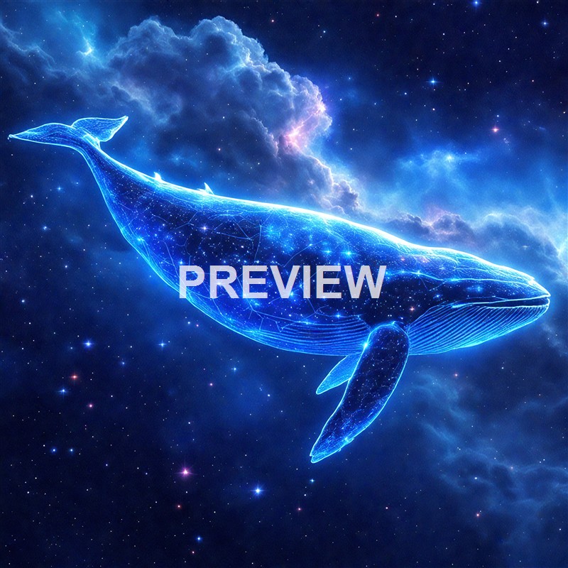 A digitally created, glowing blue holographic whale floating in outer space with stars and clouds in the background.